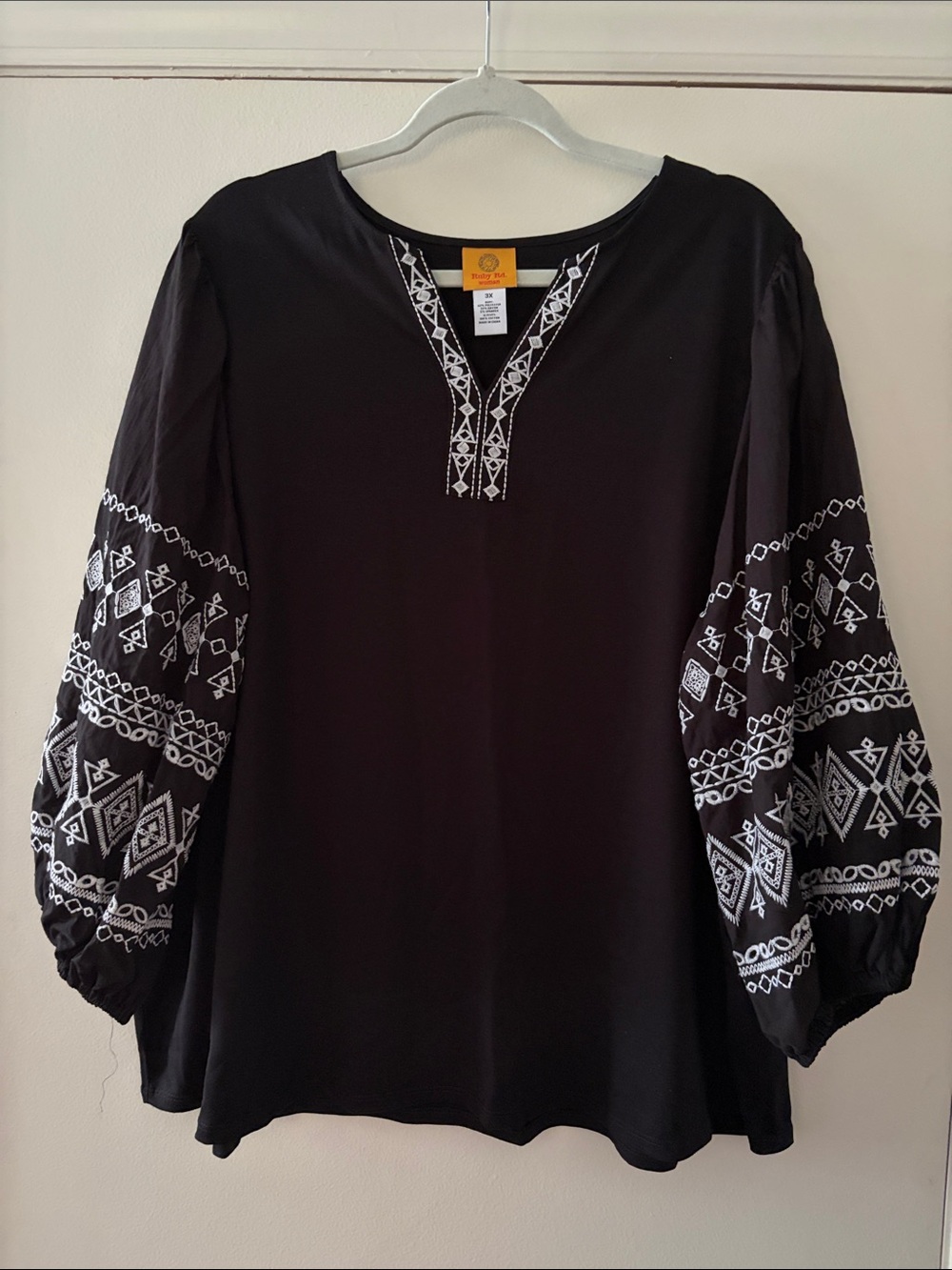 Ruby Rd. Black Tunic with White Embroidered Sleeves